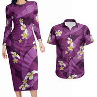 Purple Banana Leaf Hawaii Couples Matching Long Sleeve Bodycon Dress and Hawaiian Shirt Lau Maia Plumeria Tropical Summer Vibes