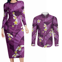 Purple Banana Leaf Hawaii Couples Matching Long Sleeve Bodycon Dress and Long Sleeve Button Shirt Lau Maia Plumeria Tropical Summer Vibes