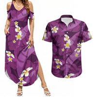 Purple Banana Leaf Hawaii Couples Matching Summer Maxi Dress and Hawaiian Shirt Lau Maia Plumeria Tropical Summer Vibes