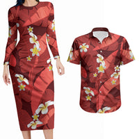 Red Banana Leaf Hawaii Couples Matching Long Sleeve Bodycon Dress and Hawaiian Shirt Lau Maia Plumeria Tropical Summer Vibes