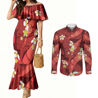 Red Banana Leaf Hawaii Couples Matching Mermaid Dress and Long Sleeve Button Shirt Lau Maia Plumeria Tropical Summer Vibes