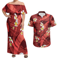 Red Banana Leaf Hawaii Couples Matching Off Shoulder Maxi Dress and Hawaiian Shirt Lau Maia Plumeria Tropical Summer Vibes