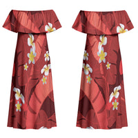 Red Banana Leaf Hawaii Couples Matching Off Shoulder Maxi Dress and Long Sleeve Button Shirt Lau Maia Plumeria Tropical Summer Vibes