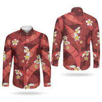 Red Banana Leaf Hawaii Couples Matching Off Shoulder Short Dress and Long Sleeve Button Shirt Lau Maia Plumeria Tropical Summer Vibes