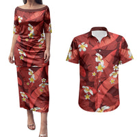 Red Banana Leaf Hawaii Couples Matching Puletasi and Hawaiian Shirt Lau Maia Plumeria Tropical Summer Vibes