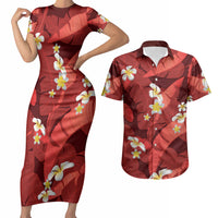 Red Banana Leaf Hawaii Couples Matching Short Sleeve Bodycon Dress and Hawaiian Shirt Lau Maia Plumeria Tropical Summer Vibes