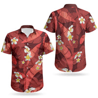 Red Banana Leaf Hawaii Couples Matching Summer Maxi Dress and Hawaiian Shirt Lau Maia Plumeria Tropical Summer Vibes