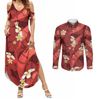 Red Banana Leaf Hawaii Couples Matching Summer Maxi Dress and Long Sleeve Button Shirt Lau Maia Plumeria Tropical Summer Vibes