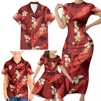Red Banana Leaf Hawaii Family Matching Short Sleeve Bodycon Dress and Hawaiian Shirt Lau Maia Plumeria Tropical Summer Vibes