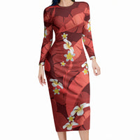 Red Banana Leaf Hawaii Long Sleeve Bodycon Dress Lau Maia Plumeria Tropical Summer Vibes