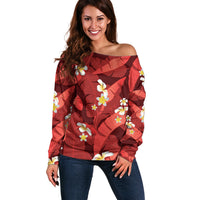 Red Banana Leaf Hawaii Off Shoulder Sweater Lau Maia Plumeria Tropical Summer Vibes
