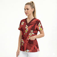 Red Banana Leaf Hawaii Scrub Top Lau Maia Plumeria Tropical Summer Vibes