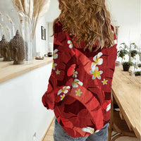 Red Banana Leaf Hawaii Women Casual Shirt Lau Maia Plumeria Tropical Summer Vibes