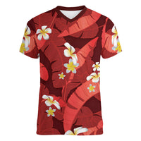 Red Banana Leaf Hawaii Women V-Neck T-Shirt Lau Maia Plumeria Tropical Summer Vibes