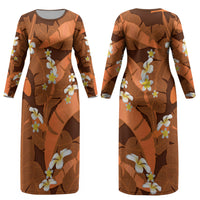 Orange Banana Leaf Hawaii Couples Matching Long Sleeve Bodycon Dress and Hawaiian Shirt Lau Maia Plumeria Tropical Summer Vibes