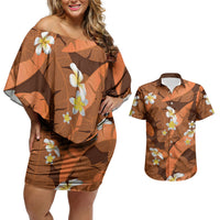 Orange Banana Leaf Hawaii Couples Matching Off Shoulder Short Dress and Hawaiian Shirt Lau Maia Plumeria Tropical Summer Vibes