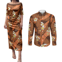 Orange Banana Leaf Hawaii Couples Matching Puletasi and Long Sleeve Button Shirt Lau Maia Plumeria Tropical Summer Vibes