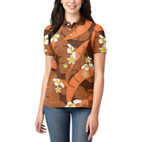 Orange Banana Leaf Hawaii Women Polo Shirt Lau Maia Plumeria Tropical Summer Vibes
