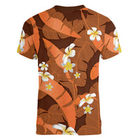 Orange Banana Leaf Hawaii Women V-Neck T-Shirt Lau Maia Plumeria Tropical Summer Vibes