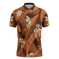 Orange Banana Leaf Hawaii Zipper Polo Shirt Lau Maia Plumeria Tropical Summer Vibes
