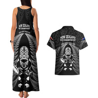 New Zealand Aotearoa Rugby Couples Matching Tank Maxi Dress and Hawaiian Shirt NZ Tiki With Maori Fern World Cup Black Version LT14 - Polynesian Pride