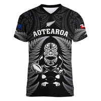 New Zealand Aotearoa Rugby Women V Neck T Shirt NZ Tiki With Maori Fern World Cup Black Version LT14 Female Black - Polynesian Pride