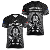 New Zealand Aotearoa Rugby Women V Neck T Shirt NZ Tiki With Maori Fern World Cup Black Version LT14 - Polynesian Pride