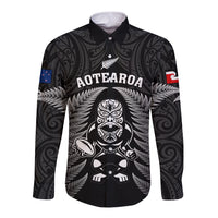 Custom New Zealand Aotearoa Rugby Long Sleeve Button Shirt NZ Tiki With Maori Fern World Cup Black Version LT14 Unisex Black - Polynesian Pride