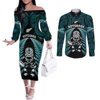 New Zealand Aotearoa Rugby Couples Matching Off The Shoulder Long Sleeve Dress and Long Sleeve Button Shirts NZ Tiki With Maori Fern World Cup Turquoise Version LT14 Turquoise - Polynesian Pride