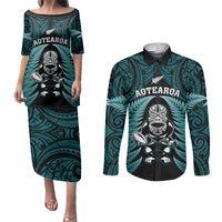 New Zealand Aotearoa Rugby Couples Matching Puletasi Dress and Long Sleeve Button Shirts NZ Tiki With Maori Fern World Cup Turquoise Version LT14 Turquoise - Polynesian Pride