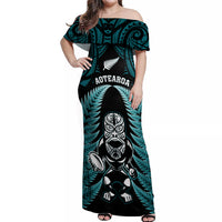 New Zealand Aotearoa Rugby Off Shoulder Maxi Dress NZ Tiki With Maori Fern World Cup Turquoise Version LT14 Women Turquoise - Polynesian Pride