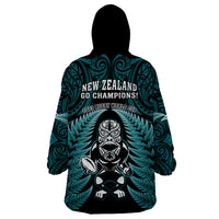 New Zealand Aotearoa Rugby Wearable Blanket Hoodie NZ Tiki With Maori Fern World Cup Turquoise Version LT14 - Polynesian Pride