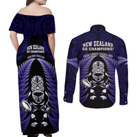 New Zealand Aotearoa Rugby Couples Matching Off Shoulder Maxi Dress and Long Sleeve Button Shirts NZ Tiki With Maori Fern World Cup Blue Version LT14 - Polynesian Pride