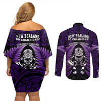 New Zealand Aotearoa Rugby Couples Matching Off Shoulder Short Dress and Long Sleeve Button Shirts NZ Tiki With Maori Fern World Cup Purple Version LT14 - Polynesian Pride