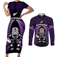 New Zealand Aotearoa Rugby Couples Matching Short Sleeve Bodycon Dress and Long Sleeve Button Shirts NZ Tiki With Maori Fern World Cup Purple Version LT14 Purple - Polynesian Pride
