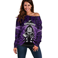 New Zealand Aotearoa Rugby Off Shoulder Sweater NZ Tiki With Maori Fern World Cup Purple Version LT14 Women Purple - Polynesian Pride