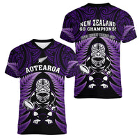 New Zealand Aotearoa Rugby Women V Neck T Shirt NZ Tiki With Maori Fern World Cup Purple Version LT14 - Polynesian Pride
