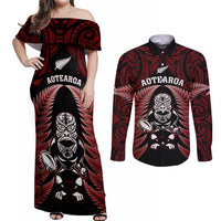 New Zealand Aotearoa Rugby Couples Matching Off Shoulder Maxi Dress and Long Sleeve Button Shirts NZ Tiki With Maori Fern World Cup Red Version LT14 Red - Polynesian Pride