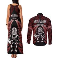 New Zealand Aotearoa Rugby Couples Matching Tank Maxi Dress and Long Sleeve Button Shirts NZ Tiki With Maori Fern World Cup Red Version LT14 - Polynesian Pride