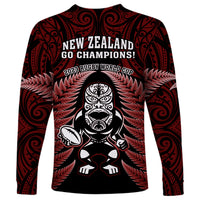 New Zealand Aotearoa Rugby Long Sleeve Shirt NZ Tiki With Maori Fern World Cup Red Version LT14 - Polynesian Pride