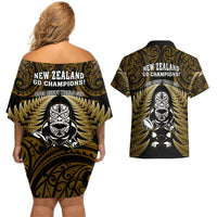 New Zealand Aotearoa Rugby Couples Matching Off Shoulder Short Dress and Hawaiian Shirt NZ Tiki With Maori Fern World Cup Gold Version LT14 - Polynesian Pride