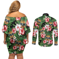 Pineapple Skull Aloha Hawaii Couples Matching Off Shoulder Short Dress and Long Sleeve Button Shirt Summer Vibes Tropical Seamless Pattern - Polynesian Pride