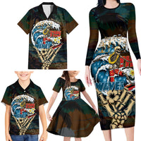 Aloha Hawaii Surfing Skull Family Matching Long Sleeve Bodycon Dress and Hawaiian Shirt Shaka Skeleton Ride The Waves LT14 - Polynesian Pride