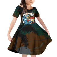 Aloha Hawaii Surfing Skull Family Matching Off Shoulder Short Dress and Hawaiian Shirt Shaka Skeleton Ride The Waves LT14 Daughter's Dress Black - Polynesian Pride