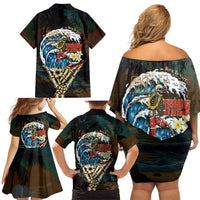 Aloha Hawaii Surfing Skull Family Matching Off Shoulder Short Dress and Hawaiian Shirt Shaka Skeleton Ride The Waves LT14 - Polynesian Pride