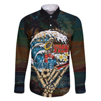 Aloha Hawaii Surfing Skull Family Matching Off Shoulder Short Dress and Hawaiian Shirt Shaka Skeleton Ride The Waves LT14 Dad's Shirt - Long Sleeve Black - Polynesian Pride