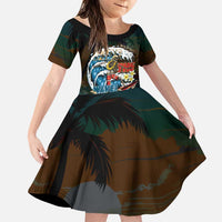 Aloha Hawaii Surfing Skull Family Matching Puletasi and Hawaiian Shirt Shaka Skeleton Ride The Waves LT14 Daughter's Dress Black - Polynesian Pride