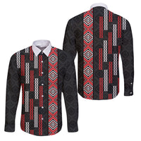 Roimata Toroa Maori Taniko Inspired New Zealand Family Matching Off Shoulder Maxi Dress and Hawaiian Shirt LT14 Dad's Shirt - Long Sleeve Black - Polynesian Pride