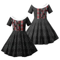 Roimata Toroa Maori Taniko Inspired New Zealand Family Matching Short Sleeve Bodycon Dress and Hawaiian Shirt LT14 Daughter's Dress Black - Polynesian Pride