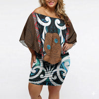 New Zealand Whakairo Off Shoulder Short Dress Tiki Maori Carving Taniko Motifs
